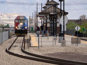 (Francisco Kjolseth | The Salt Lake Tribune) The FrontRunner commuter train stops at the South Jordan Station on Thursday, May 6, 2021. In his fiscal year 2024 budget proposal, Utah Gov. Spencer Cox proposed making traveling on the UTA free for riders.