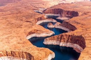 (Ecoflight) An aerial view of Navajo Canyon on Lake Powell, Thursday, April 14, 2022.
