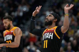 (Francisco Kjolseth | The Salt Lake Tribune) Utah Jazz guard Mike Conley (11) celebrates a three pointer as the Utah Jazz host the Sacramento Kings, NBA basketball in Salt Lake City on Tuesday, Nov. 2, 2021.