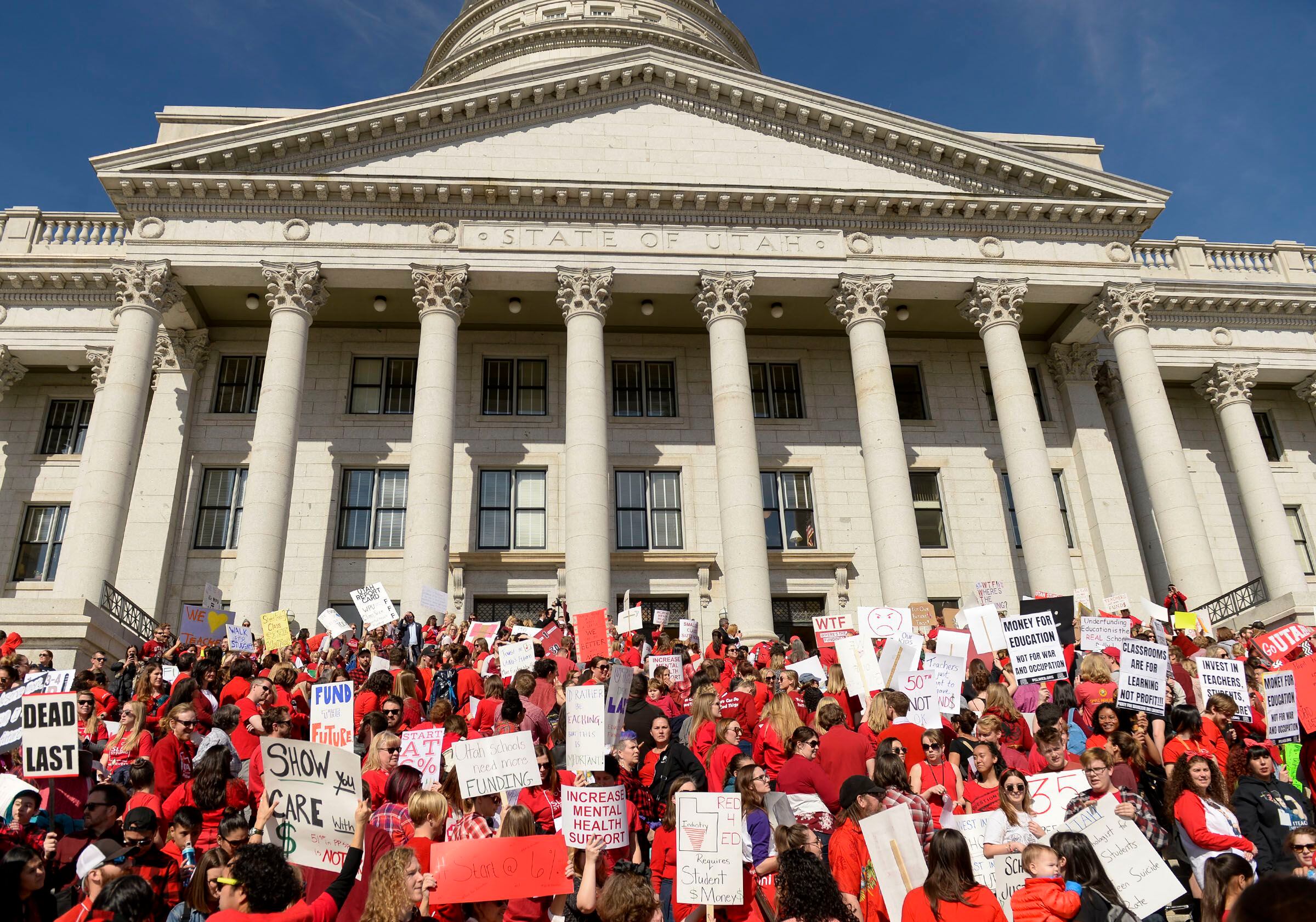 (Leah Hogsten  |  The Salt Lake Tribune) Teachers in Salt Lake City’s teacher union stage a walkout and rally at the Capitol to protest teacher pay in an effort to pressure the Utah State Legislature as it decides how much money it will allocate to the state’s education system Friday. Teachers began the rally at the Federal Building and walked up Capitol Hill to the statehouse for a rally in the rotunda, Feb. 28, 2020.