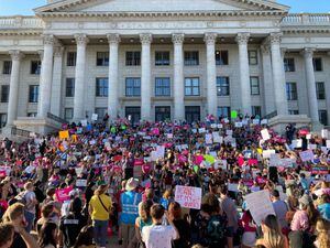 (Chris Samuels | The Salt Lake Tribune) Utahns gathered at the Capitol steps in June 2022 to protest the U.S. Supreme Court’s reversal of Roe v. Wade.