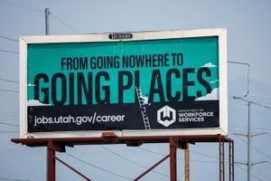 (Trent Nelson  |  The Salt Lake Tribune) A Salt Lake City billboard about employment, as seen Aug. 16, 2021. Utah's jobless rate fell to a historic low of 1.9% in December, its lowest level ever.
