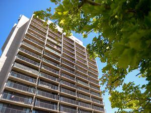 (Chris Samuels | The Salt Lake Tribune) The County High Rise apartment tower in Salt Lake City on Tuesday, July 5, 2022. City and county officials will begin renovating the much-needed and deeply affordable apartments for seniors.