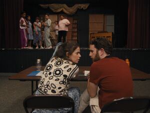 (Sundance Institute) Molly Gordon and Ben Platt (foreground), and, from left, Alexander Bello, Kyndra Sanchez, Bailee Bonick, Quinn Titcomb, Madisen Marie Lora, Donovan Colan and Luke Islam are part of the cast of "Theater Camp," directed by Molly Gordon and Nick Lieberman, an official selection of the U.S. Dramatic competition at the 2023 Sundance Film Festival.