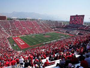(Rick Bowmer | AP) Fans gather in Rice-Eccles Stadium during the second half of an NCAA college football game between Southern Utah and Utah, Saturday, Sept. 10, 2022, in Salt Lake City.