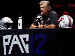 (Damian Dovarganes | AP) Utah head coach Kyle Whittingham speaks during Pac-12 Conference men's NCAA college football media day Friday, July 29, 2022, in Los Angeles.