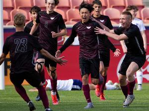 (Leah Hogsten | The Salt Lake Tribune) Layton Christian Academy's Felipe Harada (7) celebrates with teammates after scoring the team's first goal as Real Salt Lake Academy over Layton Christian Academy for the 3A State Soccer Championship title at Rio Tinto Stadium, Wednesday, May 11, 2022. Layton Christian Academy won the title 4-0. 