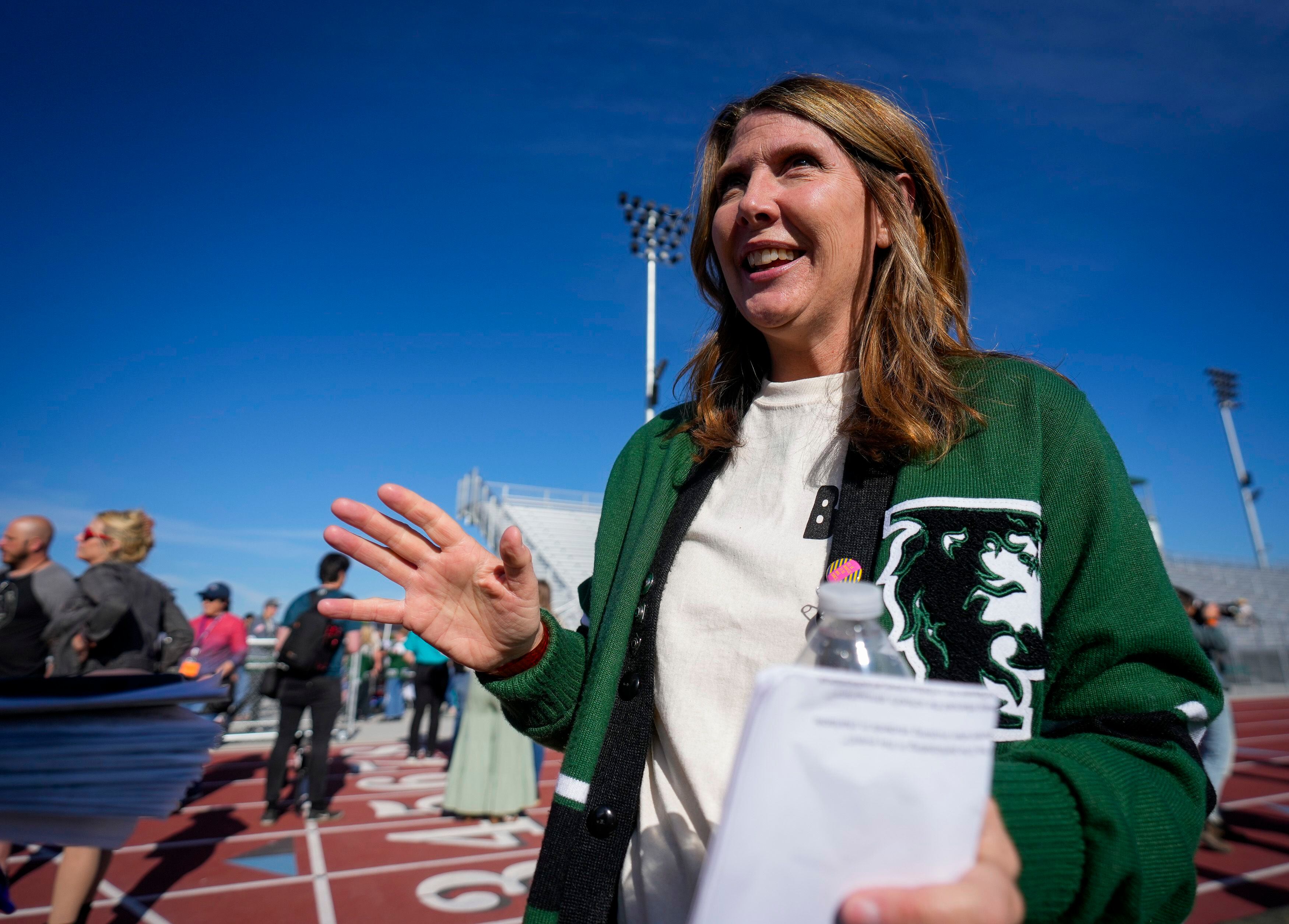 (Bethany Baker  |  The Salt Lake Tribune) Jenny Staheli, the student council advisor at Payson High School, speaks during an interview before a charity event to commemorate the 40th anniversary of the movie "Footloose" on the football field of Payson High School in Payson on Saturday, April 20, 2024.