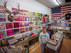 (Trent Nelson  |  The Salt Lake Tribune) Hollee and Spencer Colby at Provo's Vintage Groove on Friday, Jan. 28, 2022.