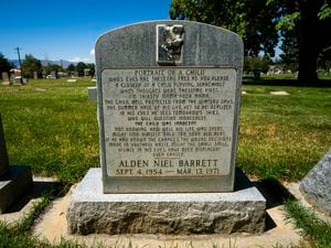 (Rick Egan | The Salt Lake Tribune)  Alden Barrett's headstone has been vandalized quite a few times over the years, but is now at the Pleasant Grove Cemetery, seen here on Tuesday, Aug. 16, 2022.