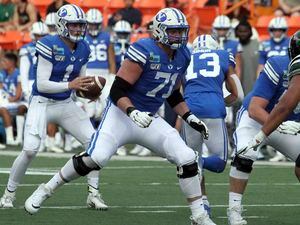 December 24, 2019 - Brigham Young Cougars offensive lineman Blake Freeland (71) provides protection during a game at the SoFi Hawaii Bowl between the Brigham Young Cougars and the Hawaii Rainbow Warriors at the Stan Sheriff Center in Honolulu, HI - Michael Sullivan/CSM.(Credit Image: &copy; Michael Sullivan/CSM via ZUMA Wire) (Cal Sport Media via AP Images)