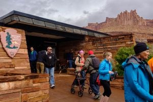 (Trent Nelson | The Salt Lake Tribune) Tourists at the Visitor Center at Capitol Reef National Park on Friday May 10, 2019. The park has been working over the last few years to reduce its single-use plastic usage, its superintendent said.