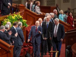 (Leah Hogsten | The Salt Lake Tribune) Members of the First Presidency of The Church of Jesus Christ of Latter-day Saints, center, Russell M. Nelson, waving, Dallin H. Oaks and Henry B. Eyring arrive for the spring General Conference Saturday, April 1, 2023.