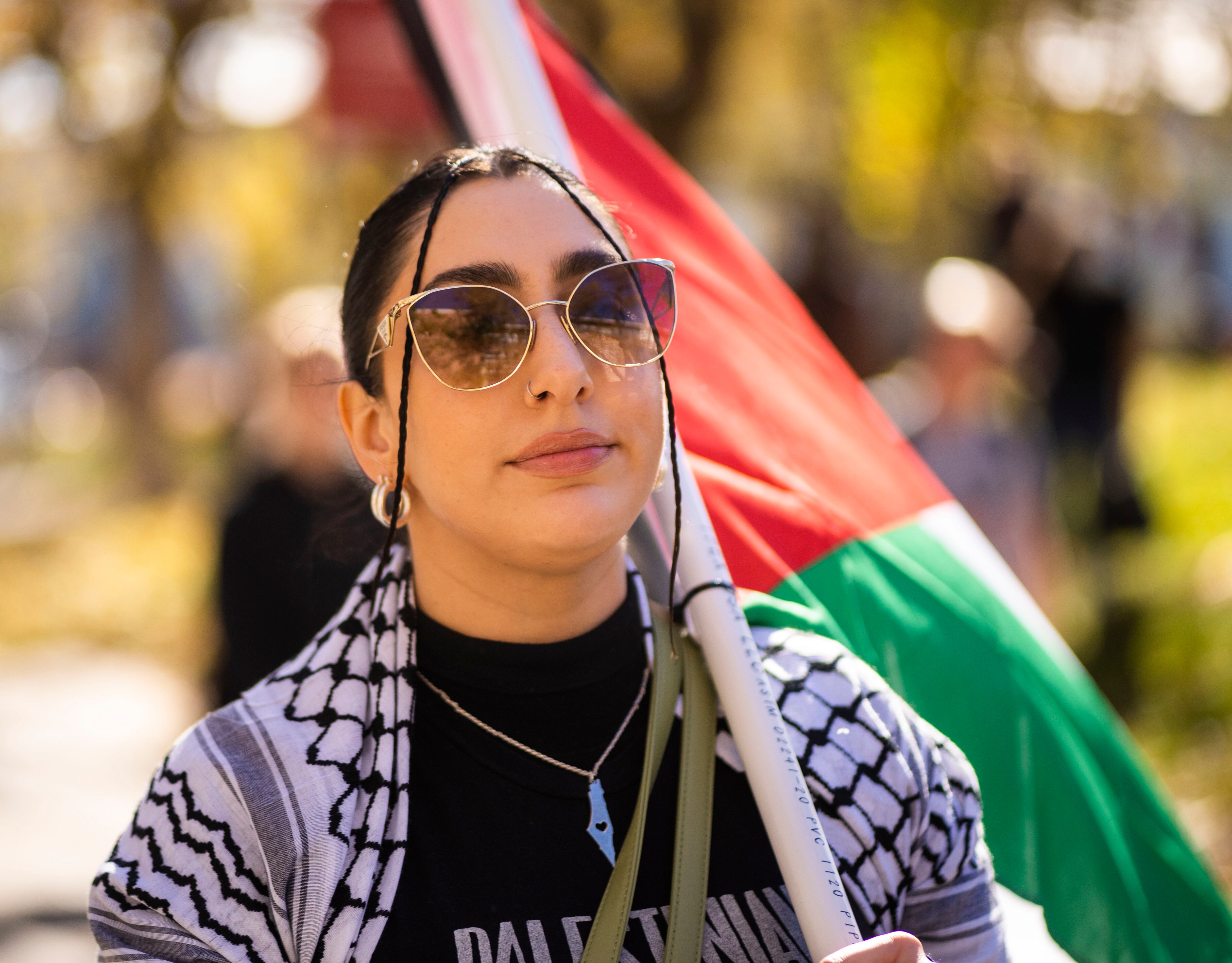 (Rick Egan | The Salt Lake Tribune) Palestinian student Muna Omar joins a protest for supporters of Mecha, on University of Utah Campus, on Wednesday, Nov. 15, 2023.
