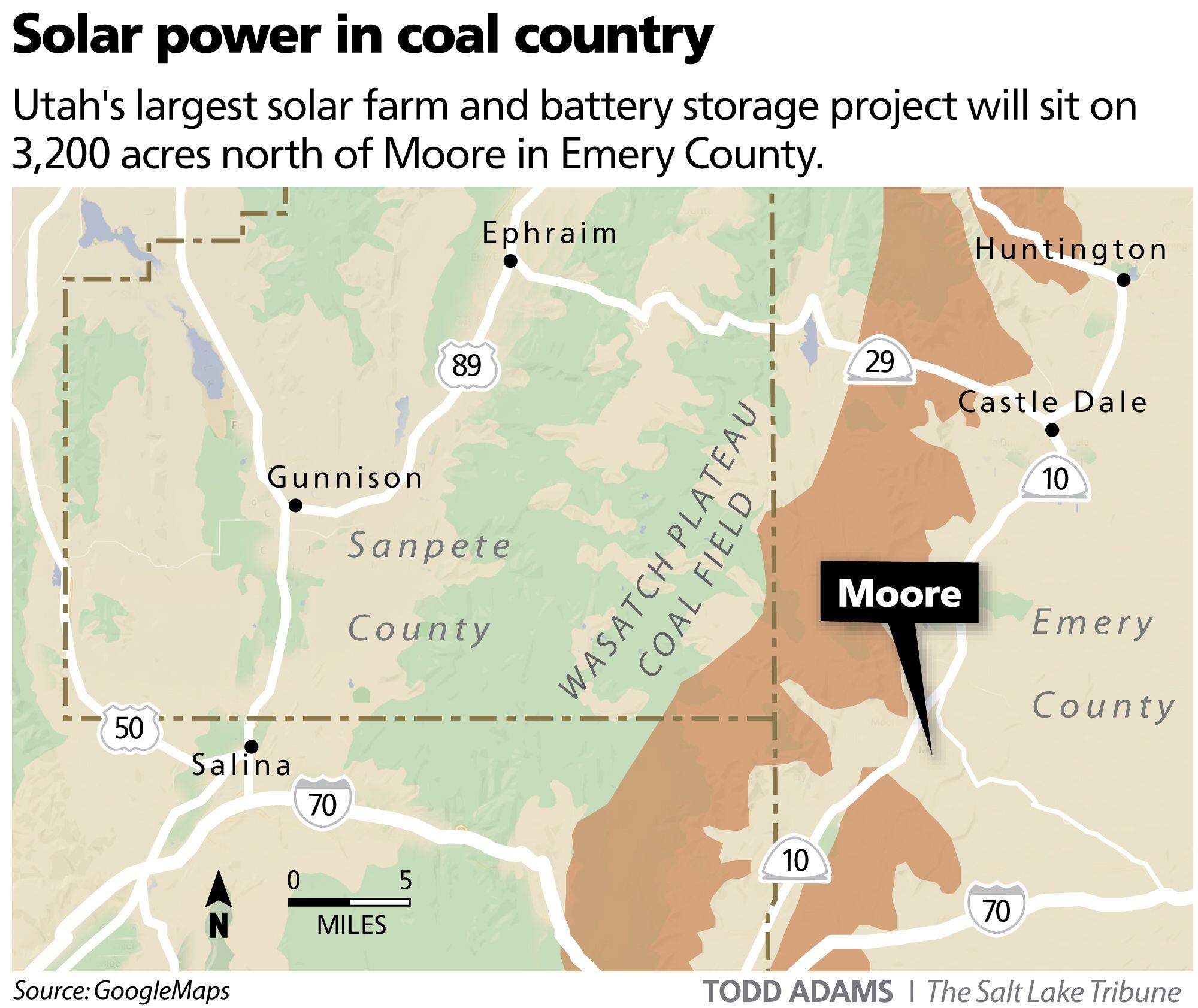 Utah's largest solar farm and battery project will sit on 3,200 acres north of Moore in Emery County.
