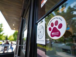 (Francisco Kjolseth | The Salt Lake Tribune) A sticker on the door at Vessel Kitchen at 905 E. 900 South indicates a patio friendly to dogs during a busy Friday evening on May 28, 2021. For 2022, 38 Salt Lake County restaurants — including Vessel Kitchen — have received approval to allow dogs on the patio while their owners dine outside.