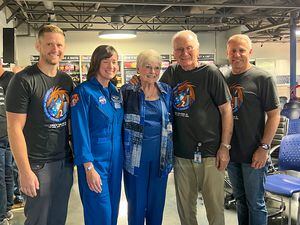 (Intergalactic) From left, Brian McCann, CEO of Intergalactic; astronaut Megan McArthur; RAM co-founders Melzie and Ray Ganowsky; and Gregg Robison, CEO of RAM Aviation, Space & Defense.