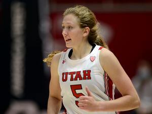 (Tyler Tate | AP) Utah Utes guard Gianna Kneepkens (5) during an NCAA basketball game on Saturday, Nov. 13, 2021 in Salt Lake City, Utah.