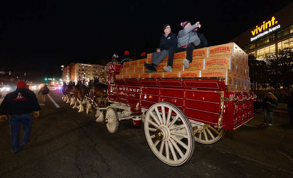 (Francisco Kjolseth | The Salt Lake Tribune) Budweiser’s iconic Clydesdales make a special trip to Utah to celebrate the changing beer laws in the state, joined by a “ghoulish group of pallbearers,” on Wed. Oct. 30, 2019, for a funeral procession for Utah’s last remaining 3.2 percent beer, on their way to Bar X, Beer Bar and Johnny’s on 200 South in Salt Lake City, as the state prepares to start selling 5 percent alcohol-by-volume in grocery and convenience stores starting Friday.