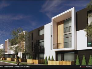 (Axis Architects) Rendering of the Glendale Townhomes project. The modern buildings would feature facades of brick, wood siding, glass and stucco.