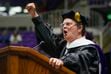 (Bethany Baker  |  The Salt Lake Tribune) Celebrity Rainn Wilson quotes from the TV series “The Office” at the beginning of his commencement address at the graduation ceremonies at Weber State University in Ogden on Friday, April 26, 2024.