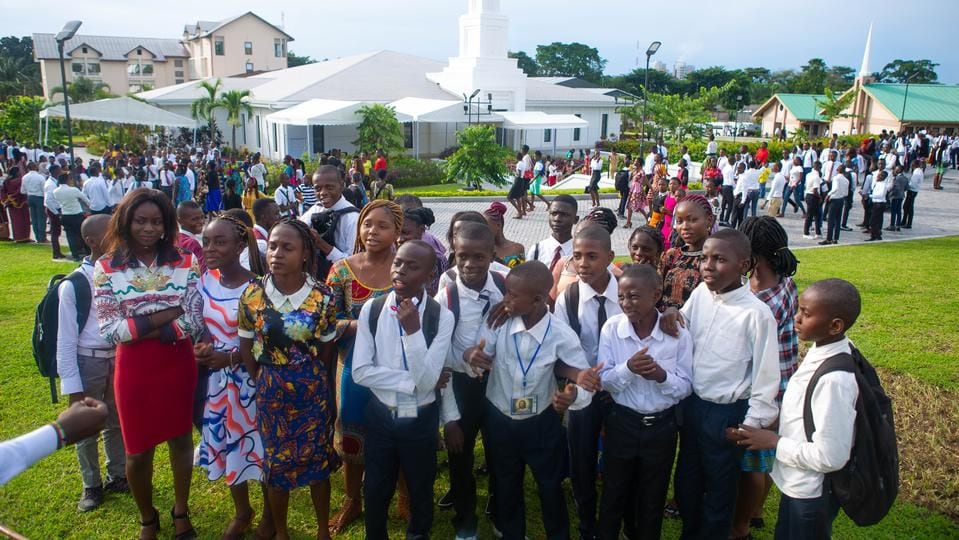 (The Church of Jesus Christ of Latter-day Saints)
Latter-day Saints in the Democratic Republic of Congo celebrate their temple in the capital of Kinshasa in 2019. The African nation now has more than 100,000 members.
