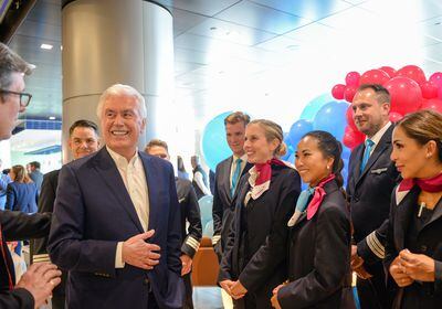 (Chris Samuels | The Salt Lake Tribune) Elder Dieter F. Uchtdorf, an apostle in The Church of Jesus Christ of Latter-day Saints, greets the Eurowings Discover flight crew after arriving at Salt Lake City International Airport, Monday, May 23, 2022, the first nonstop flight from Frankfurt, Germany.