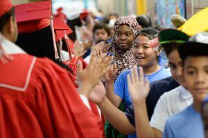 (Francisco Kjolseth  |  The Salt Lake Tribune) In May 2019, Mountain View Elementary students celebrated with graduating seniors who were visiting from East High School. A new report says enrollment in Salt Lake City schools has fallen and will continue to decline.  Mountain View had 684 students five years ago, had 473 students this fall, and is projected to drop to 412 students in 10 years.