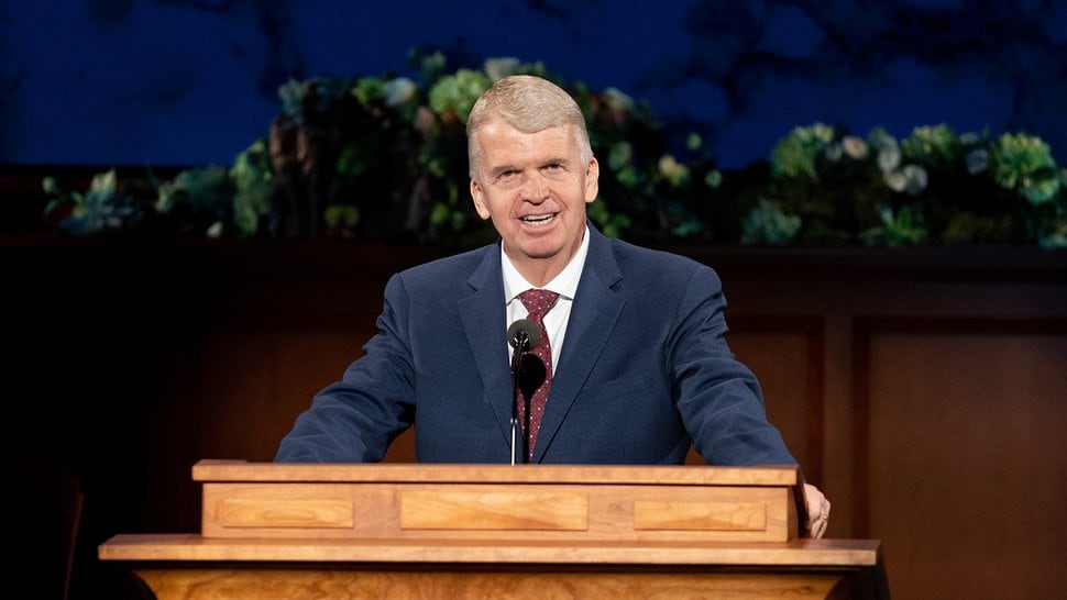 (Photo courtesy of The Church of Jesus Christ of Latter-day Saints) Douglas Dee Holmes, first counselor in the Young Men general presidency, speaks Saturday, April 4, 2020.
