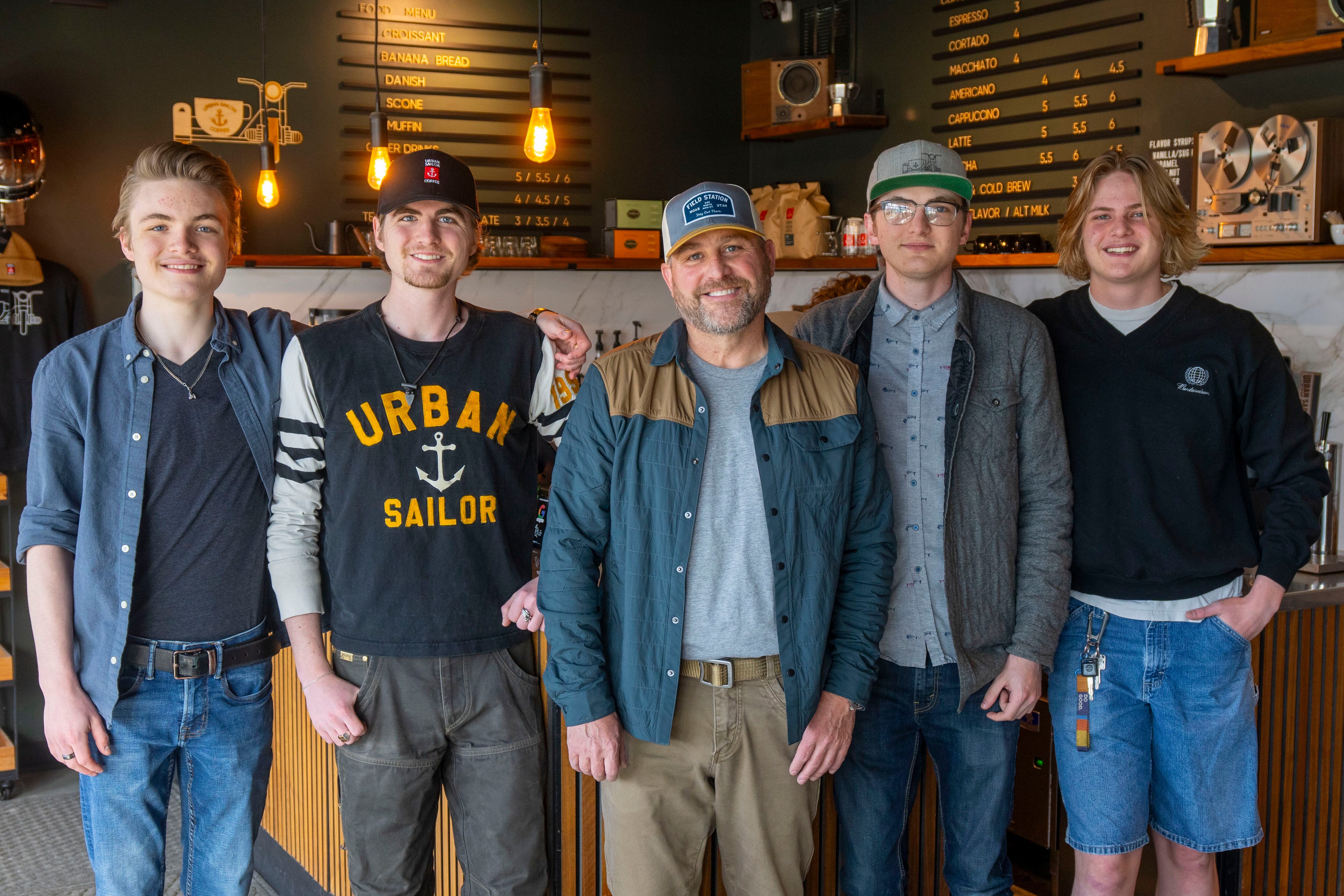 (Rick Egan | The Salt Lake Tribune)   Burton, Archer, Tyler and Levi, and Canon Anderson, at Urban Sailor Coffee in Sugarhouse, on Thursday, April 18, 2024.