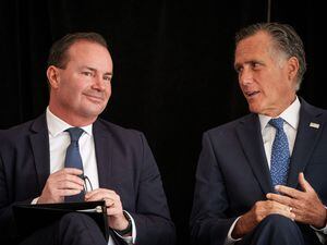 (Trent Nelson  |  The Salt Lake Tribune) Senators Mike Lee and Mitt Romney are shown on Wednesday, April 20, 2022.
