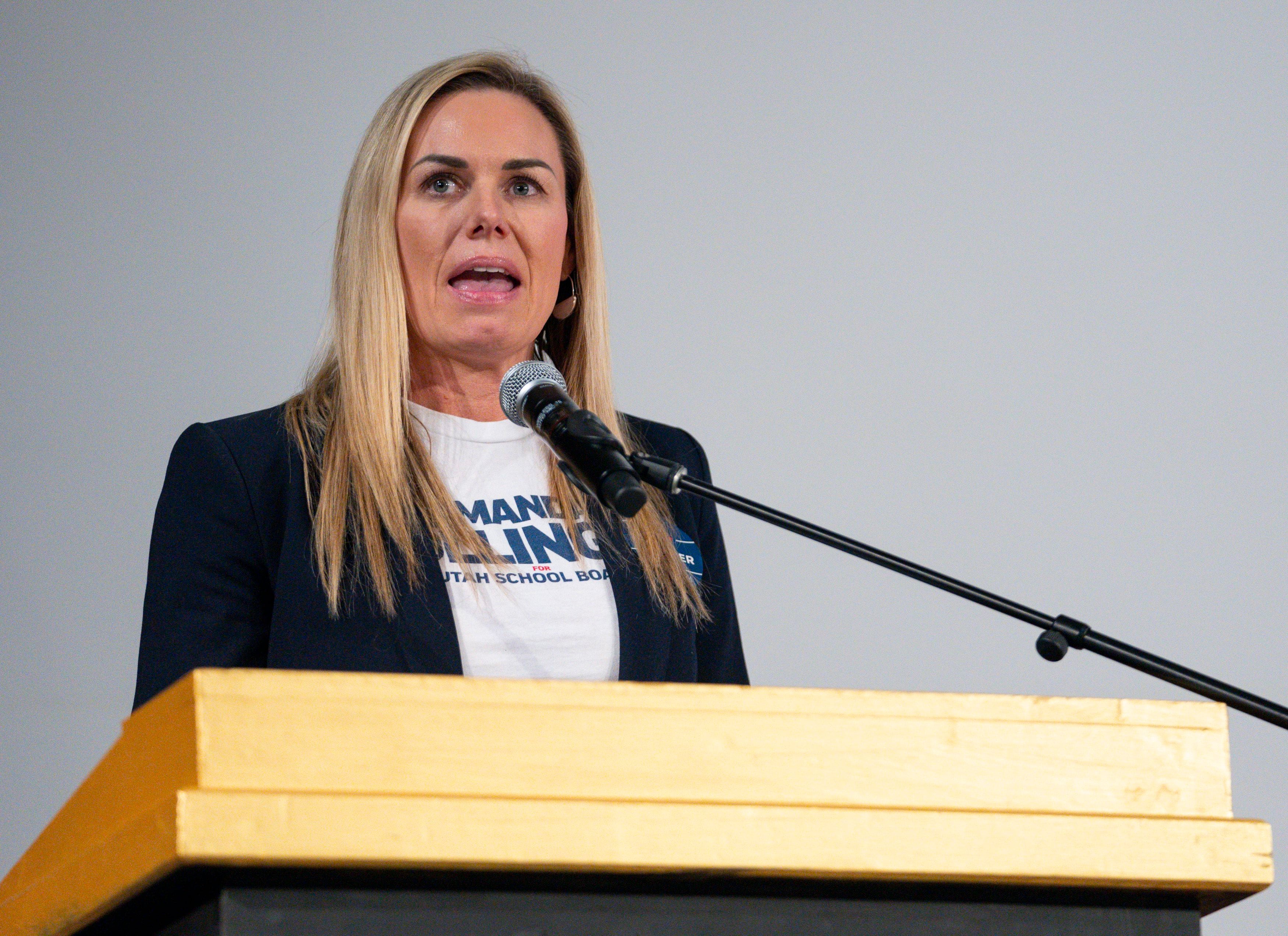 (Bethany Baker | The Salt Lake Tribune) Amanda Bollinger, candidate for Republican nomination for State School Board 9, speaks during the Salt Lake County GOP convention in Murray on Saturday, April 13, 2024.
