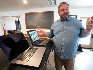 (Francisco Kjolseth | The Salt Lake Tribune) Christopher Warnock, creator of the startup company Helper Systems, talks about his latest project on Thursday, April 27, 2023. The son of Adobe founder John Warnock, Christopher has set up roots in his ancestral home of Helper.