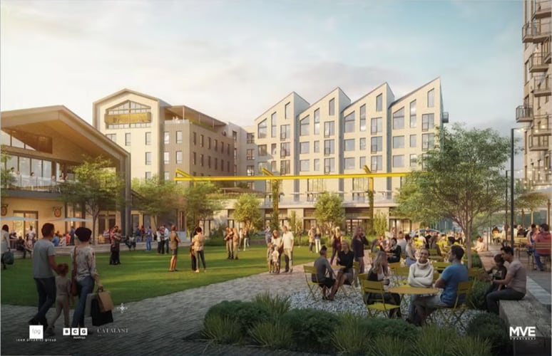 (MVE Architects, via Salt Lake City) Rendering of a plaza in The Silos, a new mixed-use development proposed on the Salt Lake City block between 500 South and 600 South from 400 West to 500 West.