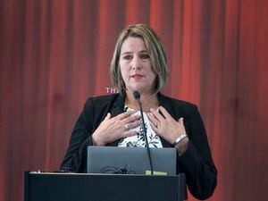 (Leah Hogsten | The Salt Lake Tribune) Jill McCluskey speaks about the improvements to better support victims of domestic violence on campus during the University of Utah's campus safety conference, Mar. 2, 2023. McCluskey's daughter, Lauren McCluskey, a 21-year-old track athlete, was killed in October 2018 outside her dorm room by a man she had briefly dated. 