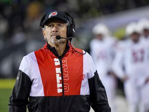 (Andy Nelson | AP) Utah head coach Kyle Whittingham looks at the scoreboard after taking a timeout against Oregon during the second half of an NCAA college football game Saturday, Nov. 19, 2022, in Eugene, Ore.