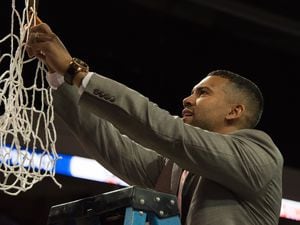 (Freddy Falcon | UTPB Athletics ) Kahil Fennell cuts down the nets in 2017 after UTPB won the Lone Star Conference Tournament