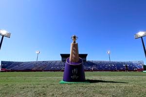 (Eugene Hoshiko | AP) The Webb Ellis Cup on display ahead of a 2019 Rugby World Cup game between Argentina and the United States in Kumagaya City, Japan, Wednesday, Oct. 9, 2019.