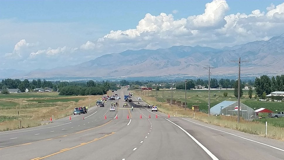 | Courtesy Utah Highway Patrol A pick up truck that that was fleeing from a Highway Patrol trooper on SR 89-91 crossed the median and collided head on with a semi truck. The driver of the pick up truck was pronounced dead at the scene. The driver of the semi truck suffered serious injuries.