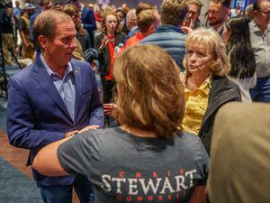 (Trent Nelson  |  The Salt Lake Tribune) Rep. Chris Stewart and Gayle Ruzicka at the Utah Republican Party election night party at the Hyatt Regency in Salt Lake City in November 2022. Stewart is expected to resign from Congress as early as this week.