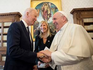 (Vatican Media via AP) US President Joe Biden, left, shakes hands with Pope Francis as they meet at the Vatican, Friday, Oct. 29, 2021. President Joe Biden is set to meet with Pope Francis on Friday at the Vatican, where the world’s two most notable Roman Catholics plan to discuss the COVID-19 pandemic, climate change and poverty. The president takes pride in his Catholic faith, using it as moral guidepost to shape many of his social and economic policies.