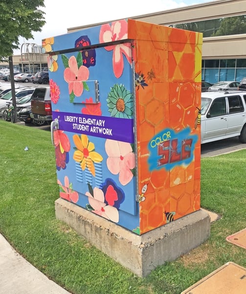 (Photo courtesy Salt Lake City Mayor's Office) A utility box near Liberty Elementary School in Salt Lake City, decorated with artwork by the school's students, as part of the city's ColorSLC program.