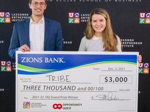 (Rick Egan | The Salt Lake Tribune)  Nick Van Slooten and Elizabeth Miller, two of Tribe's co-founders, took First Place in 
 in the Lassonde entrepreneur contest at the University of Utah, on Friday, December 3, 2021.