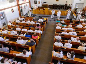 (Trent Nelson  |  The Salt Lake Tribune) Inmates perform in the chapel at the Utah State Prison in Draper in 2017. The state plans to preserve this worship space when the prison relocates.