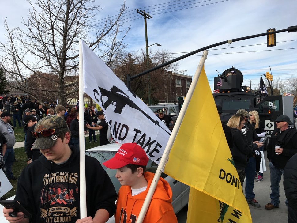 (Scott Sommerdorf | The Salt Lake Tribune) Counter-protesters, organized by Utah Gun Exchange, gather Saturday, March 24, prepare to participate in the March Before Our Lives.