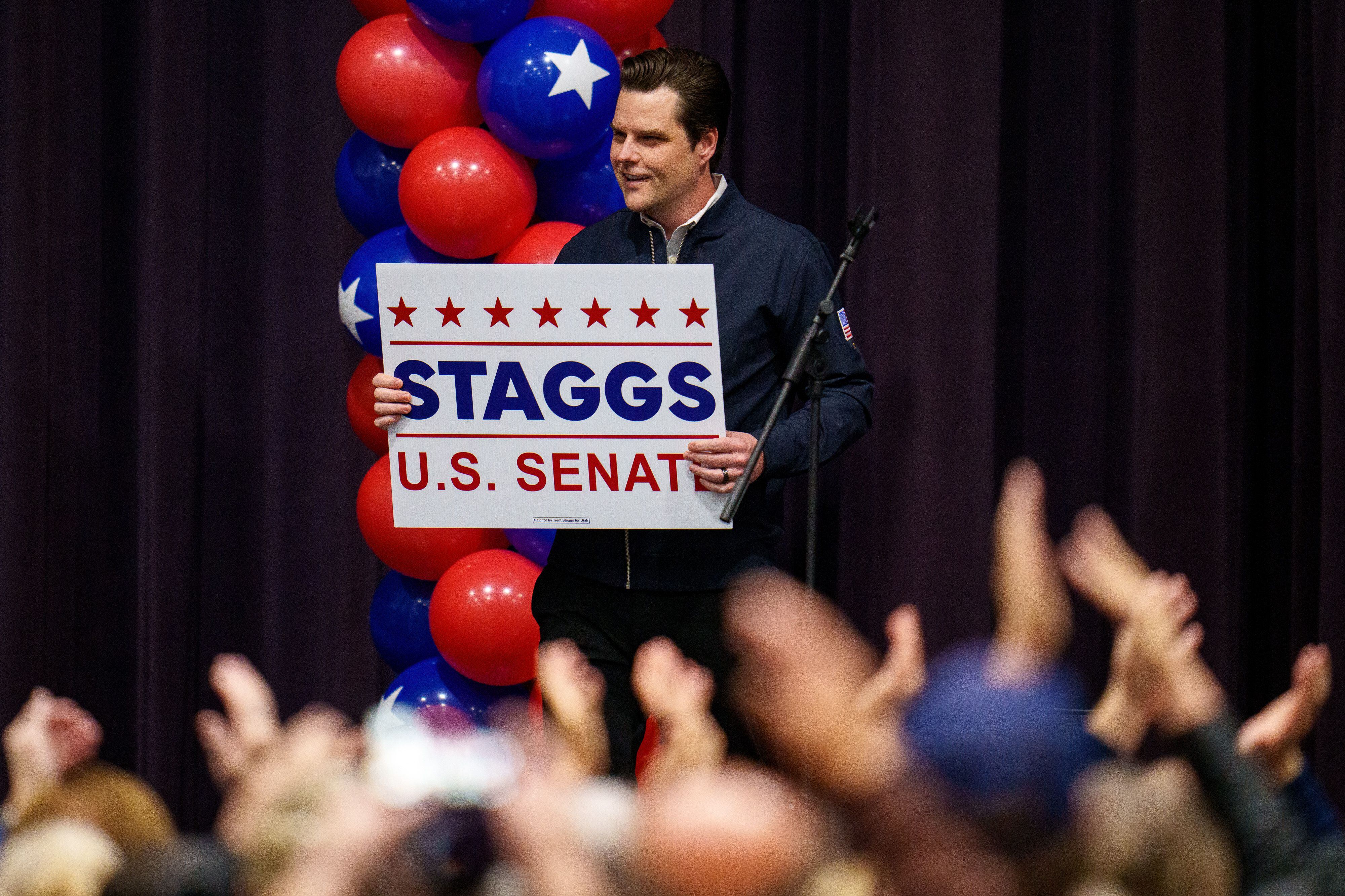 (Trent Nelson  |  The Salt Lake Tribune) U.S. Rep. Matt Gaetz endorses U.S. Senate candidate Trent Staggs during a campaign event at Riverton High School on Thursday, March 28, 2024.