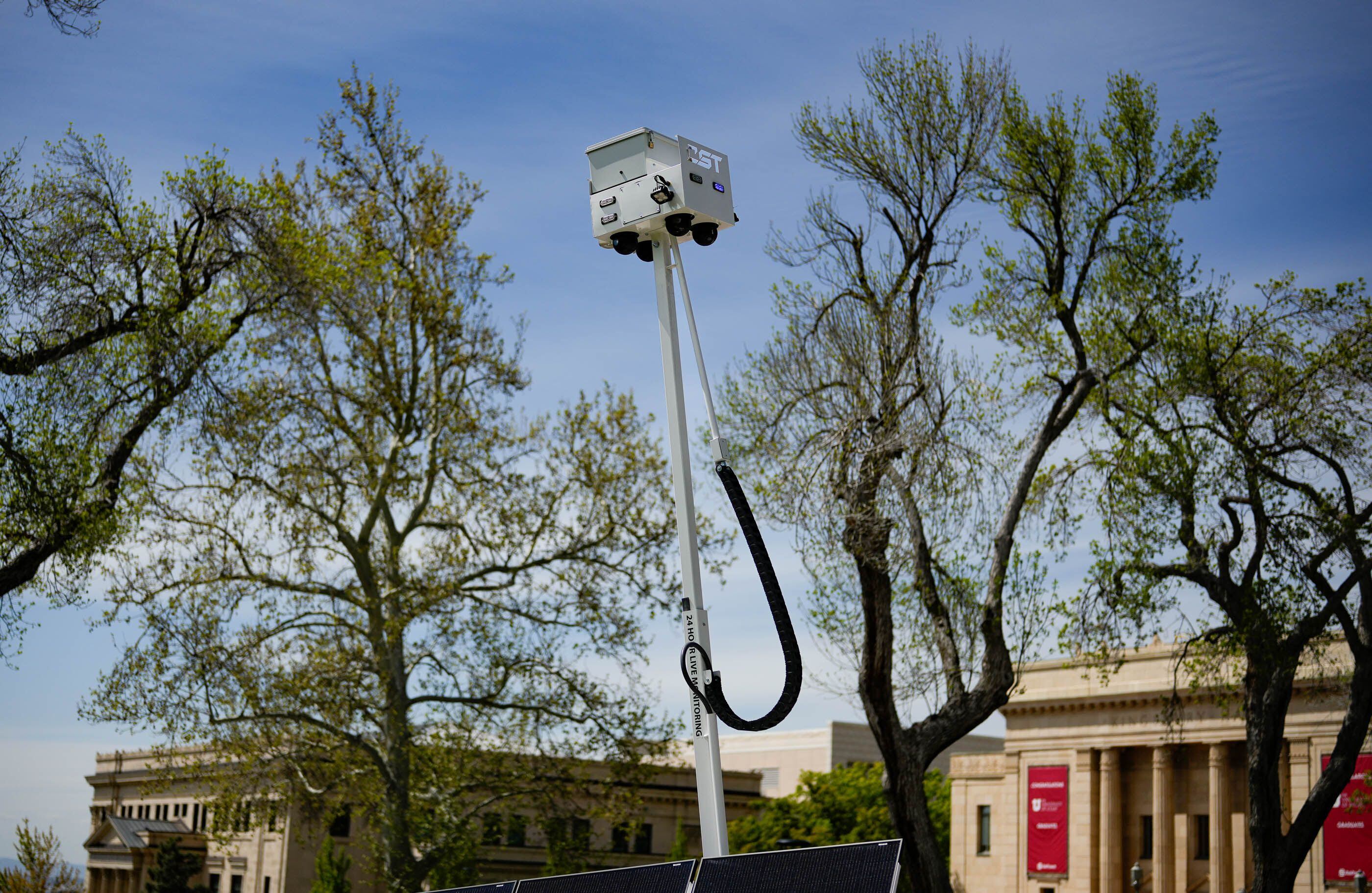 (Francisco Kjolseth | The Salt Lake Tribune) A pair of mobile security cameras are placed on the perimeter of Presidents Circle on the University of Utah campus on Tuesday, April 30, 2024, following the pro-Palestine protest the day before that led to 19 arrests.