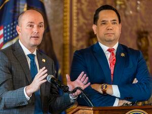 (Rick Egan | The Salt Lake Tribune) Utah Gov. Spencer Cox answers questions from the media, during a news conference with Attorney General Sean Reyes at the Capitol, on Monday, Jan. 23, 2023. The governor and attorney general said they plan to sue social media companies sometime in the future.