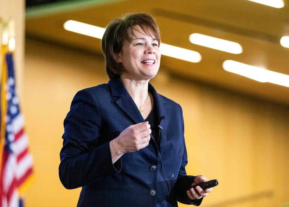 (Photo courtesy of Utah Valley University) Sharon Eubank of the Relief Society general presidency of The Church of Jesus Christ of Latter-day speaks at the Utah Women’s Leadership Speaker and Dialogue Services event titled, “The Status of Women Worldwide,” at Utah Valley University in Orem on Feb. 19, 2020.