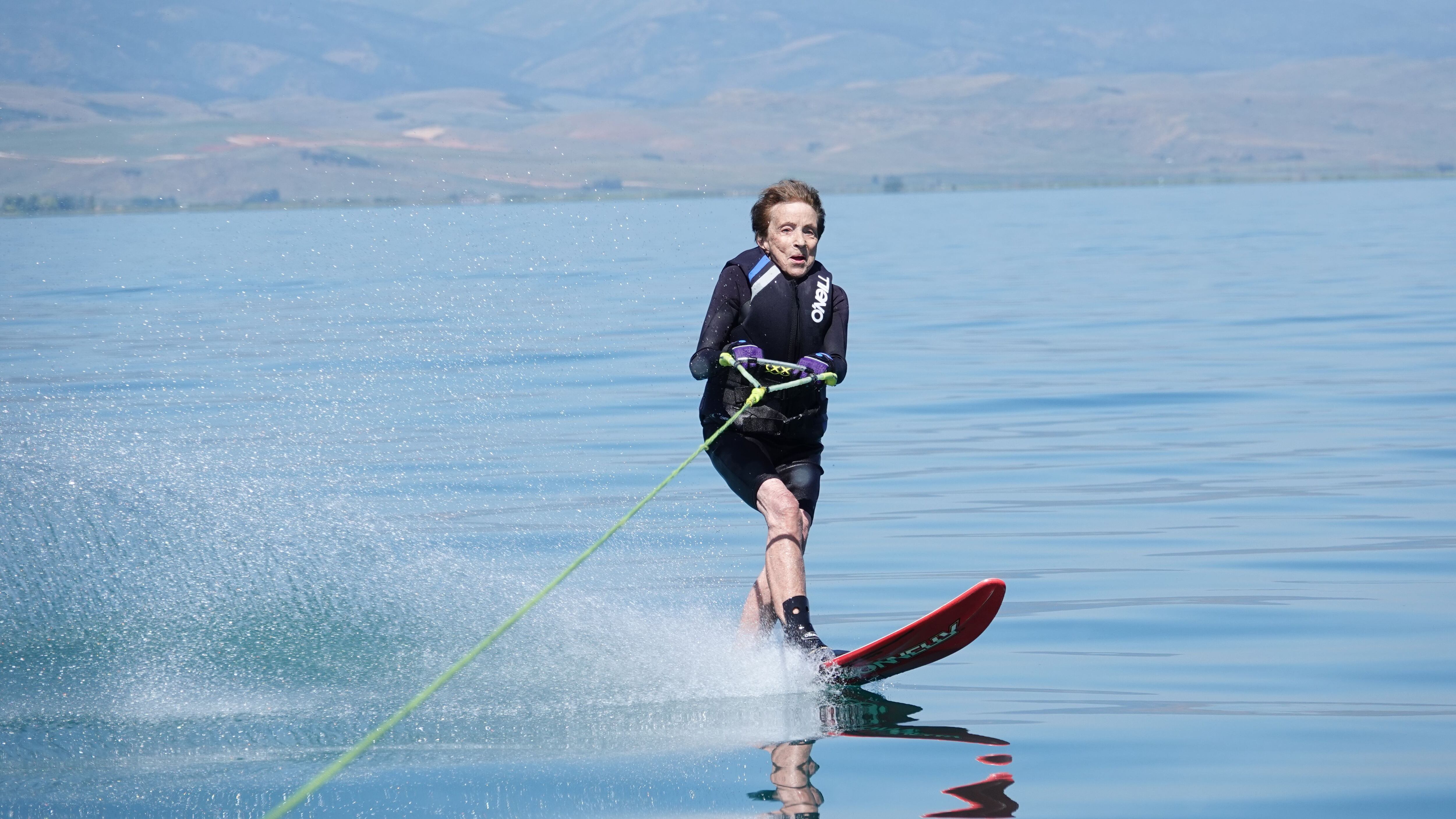 (Young family) Dwan Young water skiing at age 92 in August 2023.